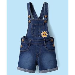 Babyhug Single Jersey Knit Frill Sleeves Dungaree & Top Set with Sun Print - White & Blue