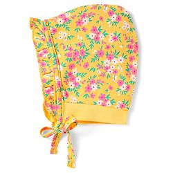 Babyhug 100% Cotton Interlock Knit Bonnet Cap With Floral Print Yellow - Diameter 13 cm