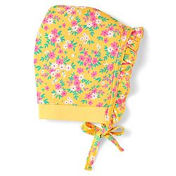 Babyhug 100% Cotton Interlock Knit Bonnet Cap With Floral Print Yellow - Diameter 13 cm