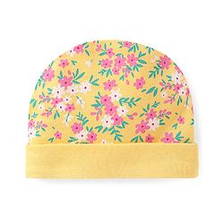Babyhug Interlock Knit 100% Cotton Floral Printed Cap Yellow - Diameter 10.5cm