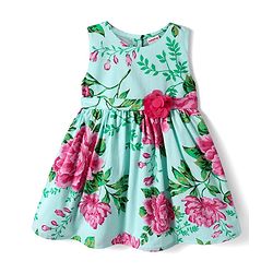 Babyhug Cotton Knit Sleeveless Frock with Floral Print & Applique - Sea Green