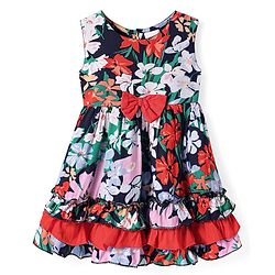 Babyhug Cotton Woven Sleeveless Frock With Floral Print & Bow Applique - Red & Black