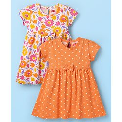 Babyhug Single Jersey Knit Half Sleeves Frocks With Bow Applique & Floral Print Pack Of 2 - Orange & White