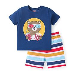 Babyhug Cotton Knit Half Sleeves Shorts Night Suit with Bear Print & Stripes - Navy Blue