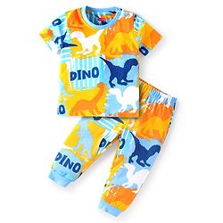 Babyhug Cotton Knit Half Sleeves Night Suit With Dino Print - Light Blue