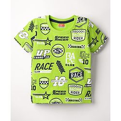 Babyhug Cotton Knit Half Sleeves T-Shirt with Racing Theme Print - Limegreen