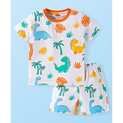 Babyhug Cotton Knit Half Sleeves Shorts Night Suit with Jungle Theme Print - White