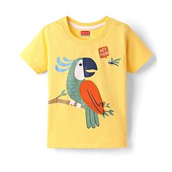 Babyhug Cotton Knit Half Sleeves T-Shirt With Bird Print - Yellow