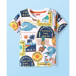 Babyhug Cotton Knit Half Sleeves T-Shirt with Beach Theme Print - White