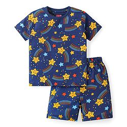 Babyhug Cotton Knit Half Sleeves Shorts Night Suit with Stars Print - Navy Blue