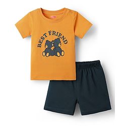 Babyhug Single Jersey Knit Half Sleeves T-Shirt & Short Set with Bear Print - Yellow & Black