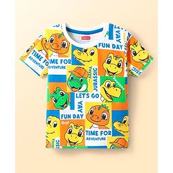 Babyhug Cotton Knit Half Sleeves T-Shirt With Dino Print - Yellow & White
