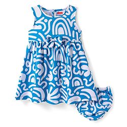 Babyhug Single Jersey Knit Sleeveless Printed Frock With Bow Applique & Bloomer - Blue & White
