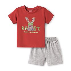 Babyhug Single Jersey Knit Half Sleeves T-Shirt & Shorts Set with Animal Print & Text - Red & Grey