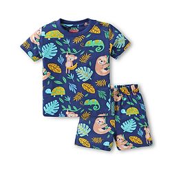 Babyhug Cotton Knit Half Sleeves Shorts Night Suit With Animal Print - Navy Blue