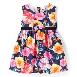 Babyhug Cotton Woven Sleeveless Frock with Floral Print & Bow Applique - Navy Blue