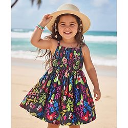 Babyhug Rayon Woven Sleeveless Frock With Floral Print & Smocked Detailing - Black