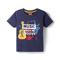 Babyhug Cotton Knit Half Sleeves T-Shirt With Music Makes Me Groovy Text Print - Navy Blue
