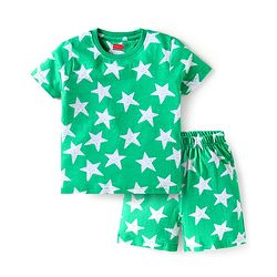 Babyhug Cotton Knit Half Sleeves Shorts Night Suit With Star Print - Green