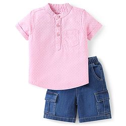 Babyhug Cotton Woven Half Sleeves Mandarin Collared Solid Shirt & Denim Shorts Set - Peach & Blue