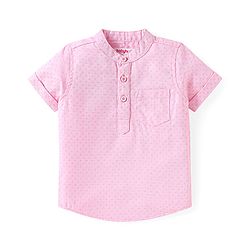 Babyhug Cotton Woven Half Sleeves Mandarin Collared Solid Shirt & Denim Shorts Set - Peach & Blue