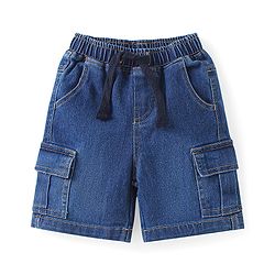 Babyhug Cotton Woven Half Sleeves Mandarin Collared Solid Shirt & Denim Shorts Set - Peach & Blue