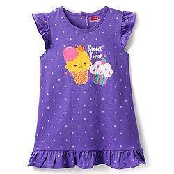 Babyhug Cotton Knit Frill Sleeves Nighty With Ice Cream & Polka Dot Print - Violet