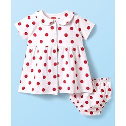 Babyhug Cotton Woven Half Sleeves Polka Dot Printed Front Open Frock With Bloomer - White
