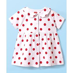 Babyhug Cotton Woven Half Sleeves Polka Dot Printed Front Open Frock With Bloomer - White