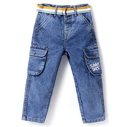 Babyhug Full Length Washed Denim Jeans with Fabric Belt - Blue