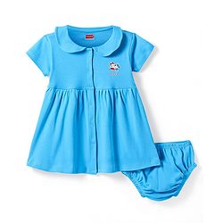 Babyhug Cotton Woven Half Sleeves Peter Pan Collared Solid Color Frock with Bloomer - Light Blue