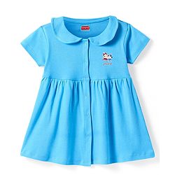 Babyhug Cotton Woven Half Sleeves Peter Pan Collared Solid Color Frock with Bloomer - Light Blue