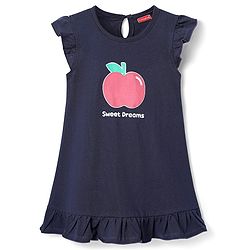 Babyhug Cotton Knit Frill Sleeves Nighty With Sweet Dream Text Print - Navy Blue