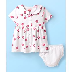 Babyhug Cotton Woven Peter Pan Collar Front Open Half Sleeves Frock & Bloomer With Floral Print - White