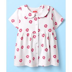 Babyhug Cotton Woven Peter Pan Collar Front Open Half Sleeves Frock & Bloomer With Floral Print - White