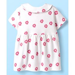 Babyhug Cotton Woven Peter Pan Collar Front Open Half Sleeves Frock & Bloomer With Floral Print - White