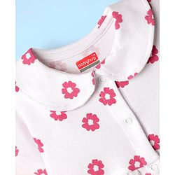 Babyhug Cotton Woven Peter Pan Collar Front Open Half Sleeves Frock & Bloomer With Floral Print - White