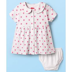 Babyhug Cotton Woven Peter Pan Collar Front Open Half Sleeves  Frock & Bloomer With Floral Print - White