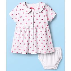 Babyhug 100% Cotton Woven Peter Pan Collar Front Open Half Sleeves Frock & Bloomer With Floral Print - White