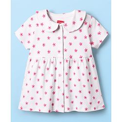Babyhug 100% Cotton Woven Peter Pan Collar Front Open Half Sleeves Frock & Bloomer With Floral Print - White