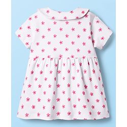 Babyhug 100% Cotton Woven Peter Pan Collar Front Open Half Sleeves Frock & Bloomer With Floral Print - White
