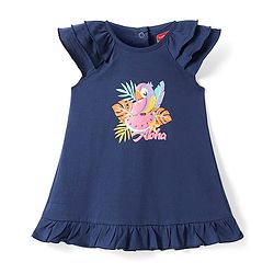 Babyhug Cotton Knit Frill Sleeves Nighty with Bird Print - Navy Blue