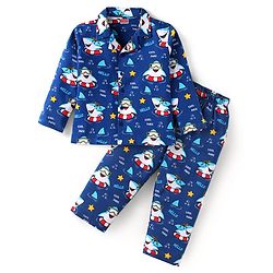 Babyhug Cotton Knit Full Sleeves Night Suit With Shark Print - Navy Blue