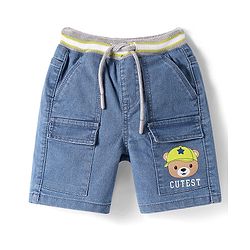 Babyhug Denim Above Knee Length Washed Bermuda With Stretch & Teddy Print - Blue