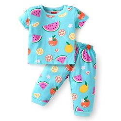 Babyhug Cotton Knit Half Sleeves Night Suit With Fruit Print - Light Blue