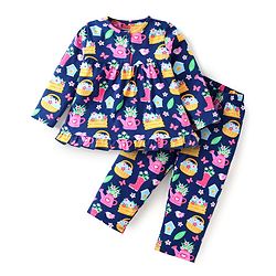 Babyhug Cotton Knit Front Open Full Sleeves Night Suit with Floral Print - Navy Blue