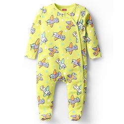 Babyhug Cotton Knit Full Sleeve Footed Sleepsuit with Airplane Print - Limegreen