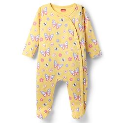 Babyhug Cotton Knit Full Sleeves Footed Sleepsuits With Floral & Butterfly Print - Yellow