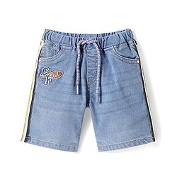 Babyhug Denim Above Knee Length Bermuda With Stretch & Sport Theme Embroidery - Blue