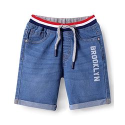 Babyhug Denim Above Knee Length Washed Bermuda With Stretch & Brooklyn Text Print - Blue